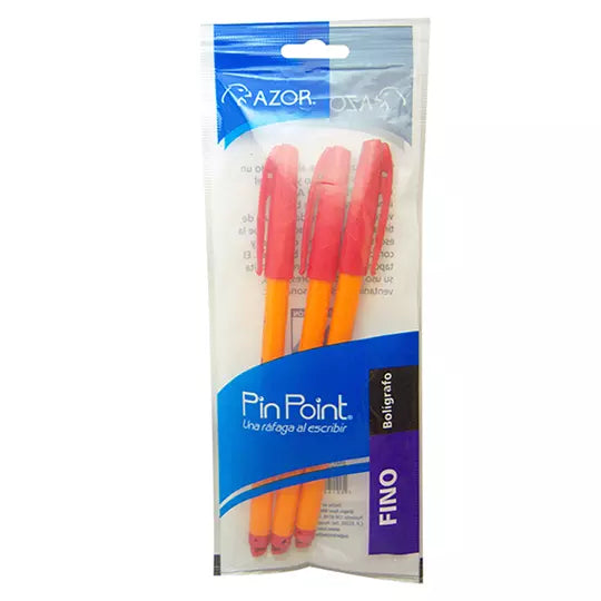 Bolígrafo fino Pin Point 0.7 mm color ro jo cuerpo amarillo empaque con 3 pzas