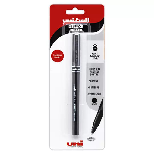 Bolígrafo antifraude ultra fino Uni Ball Deluxe 0.5 mm color negro blíster