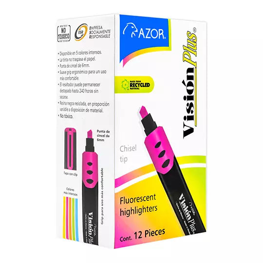 Resaltador de texto Vision Plus punta ci ncel 6 mm color rosa caja con 12 pzas