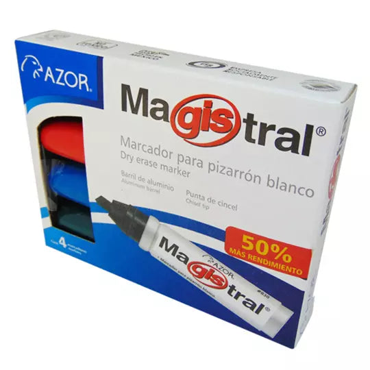 Marcador de aluminio Magistral punta cin cel 6 mm colores surtidos caja 4 pzas