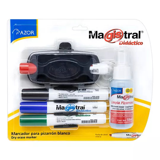 Kit Magistral Didáctico 4 marcadores, bo rrador, limpiador, holder y ventosa