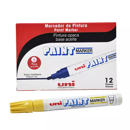 Marcador permanente UniPaint punta bala color amarillo caja con 12 pzas