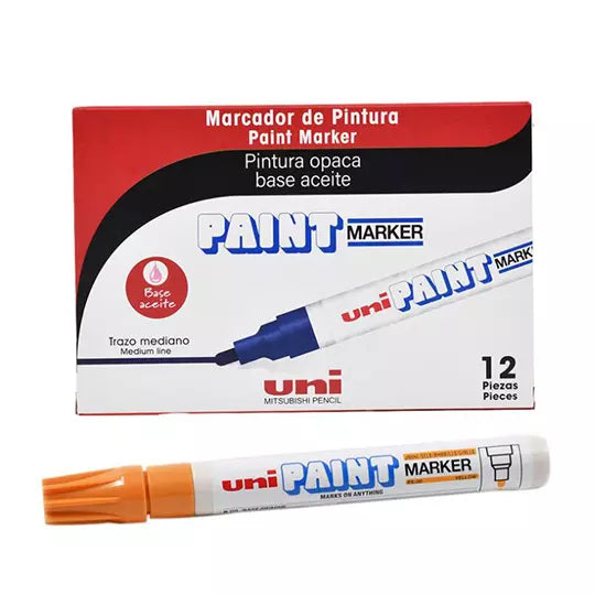 Marcador permanente UniPaint punta bala color naranja caja con 12 pzas