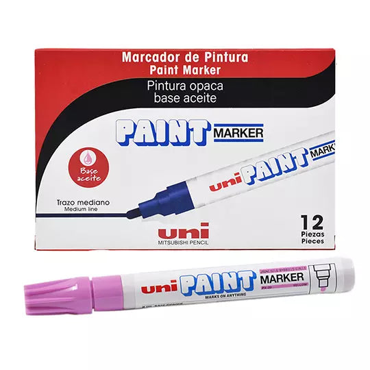 Marcador permanente UniPaint punta bala 4.4 mm color rosa caja con 12 pzas