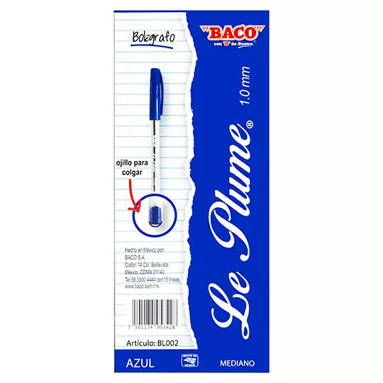 Bolígrafo BACO Le Plume punto mediano 1. 00 mm color azul caja con 12 piezas