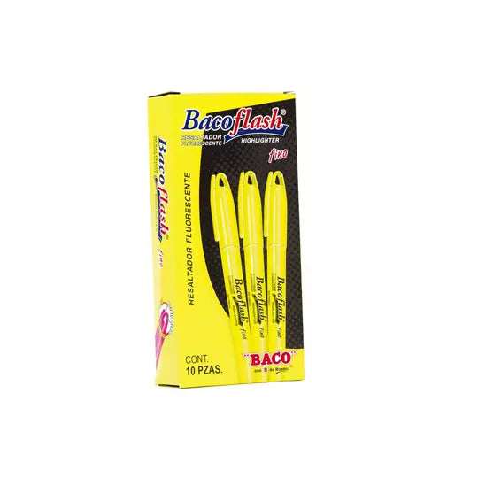 Resaltador de texto BACOFLASH punto fino color amarillo caja con 10 piezas
