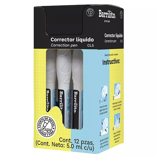 Corrector líquido Barrilito tipo bolígra fo con 12 piezas de 5 ml corrector