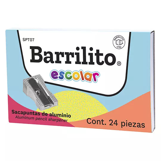 Sacapuntas metálico diagonal Barrilito 1 orificio 24 pzs metálico