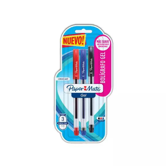 Boligrafo económico gel Paper Mate color es basico punto fino tarjeta 3 piezas