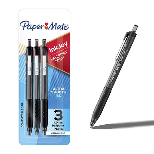 Bolígrafo Paper Mate Inkjoy 300 RT punto mediano color negro blíster c/ 3 piezas