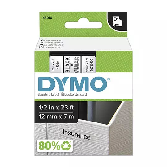 Cinta DYMO para rotulado negro con fondo transparente 12 mm x7 m 1 pieza
