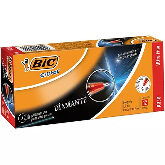 Bolígrafo BIC cristal diamante rojo punt o ultra fino 0.7mm caja con 12 piezas