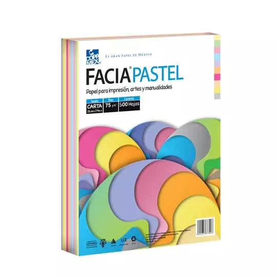 Paquete de hojas de color Facia Pastel t amaño carta mix 10 colores 75gr 500 hs