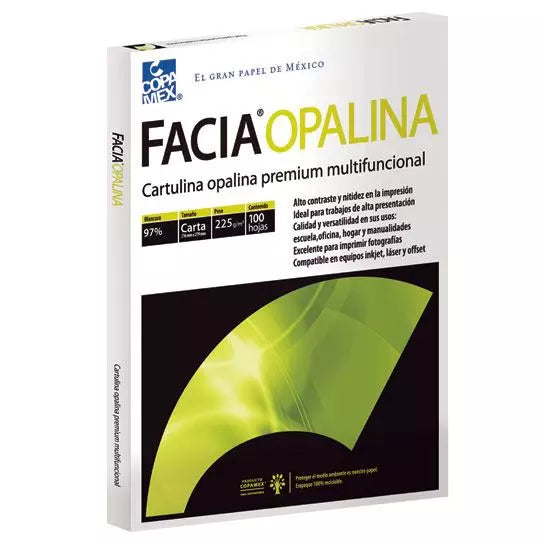 Paquete de cartulina opalina blancura 97 %225gr.Facia tamaño carta paquete 100 hs