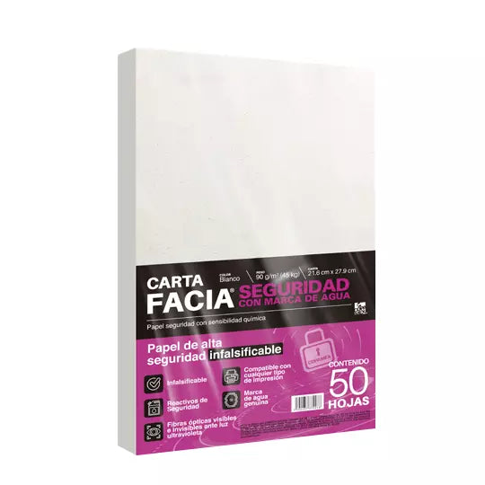 Paquete de papel seguridad Facia tamaño carta blanco 90gr 50 hojas