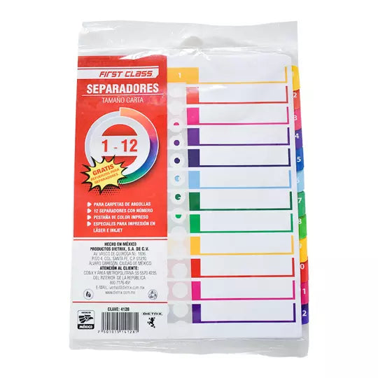Separadores Dietrix tamaño carta del 1 a l 12 pestañas de color impreso el numero