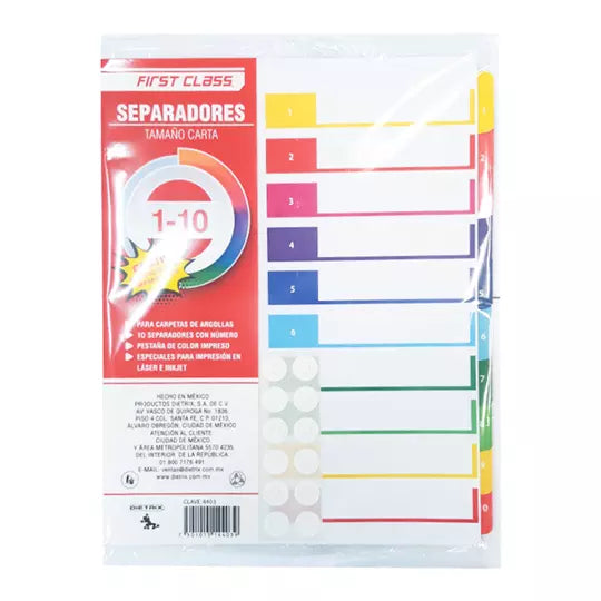Separadores Dietrix tamaño carta del 1 a l 10 pestañas de color impreso el numero