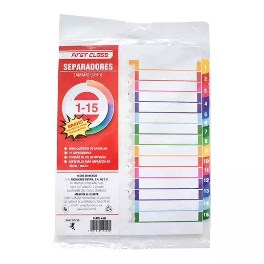 Separadores Dietrix tamaño carta del 1 a l 15 pestañas de color impreso el numero