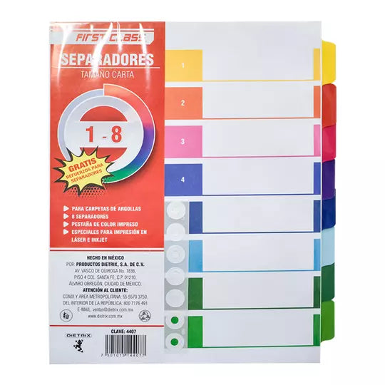Separadores Dietrix tamaño carta del 1 a l 8 pestañas de color