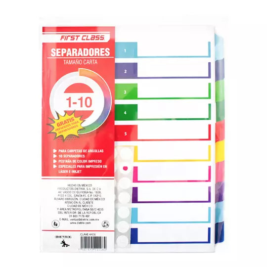 Separadores Dietrix tamaño carta del 1 a l 10 pestañas de color