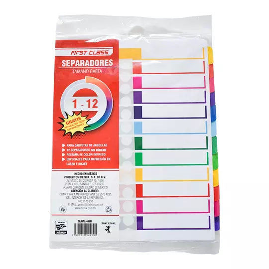 Separadores Dietrix tamaño carta del 1 a l 12 pestañas de color