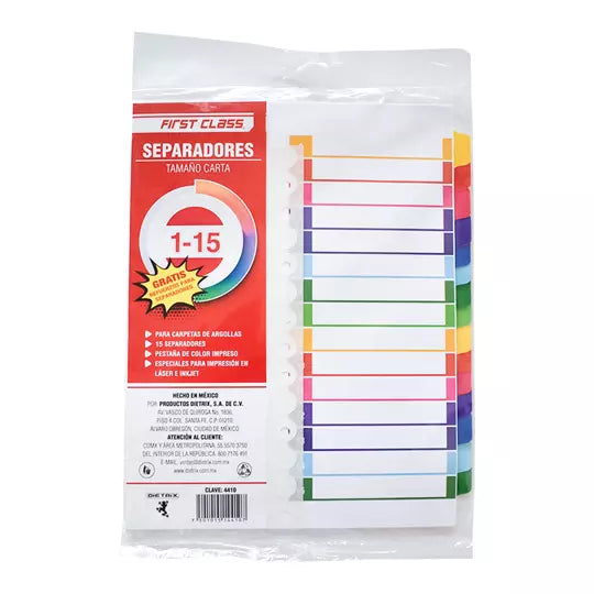 Separadores Dietrix tamaño carta del 1 a l 15 pestañas de color