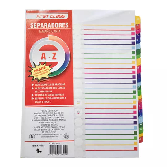 Separadores Dietrix tamaño carta de la A - Z pestañas de color