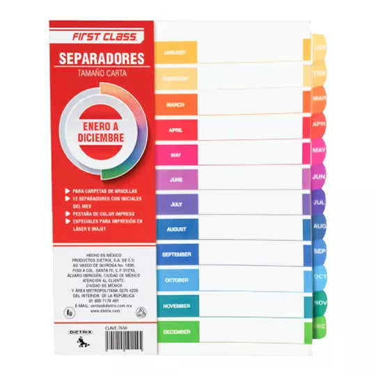 Separadores Dietrix tamaño carta de ener o a diciembre pestañas de color