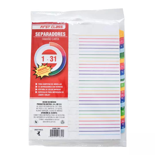Separadores Dietrix tamaño carta del 1 a l 31 pestañas de color impreso el numero