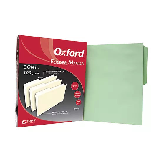 Folder manila Oxford carta color verde c eja 1/2 caja con 100 pzas