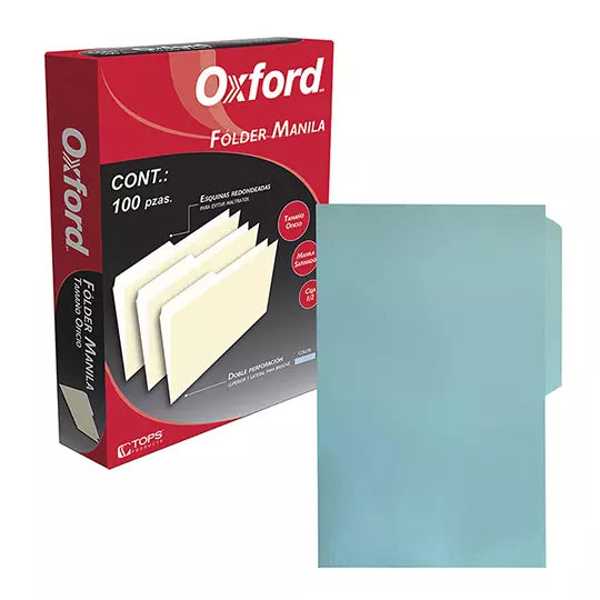 Folder manila Oxford oficio color azul c eja 1/2 caja con 100 pzas