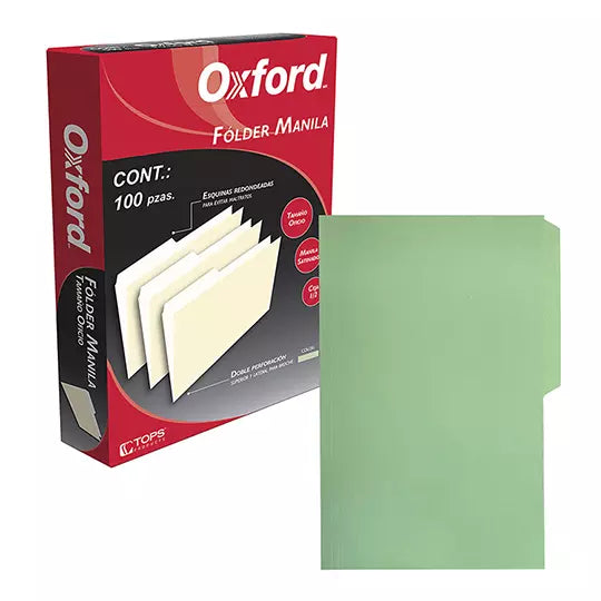 Folder manila Oxford oficio color verde ceja 1/2 caja con 100 pzas