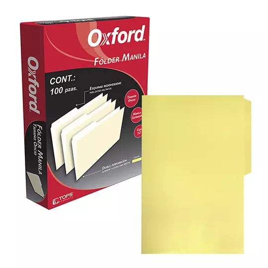 Folder manila Oxford oficio color amaril lo ceja 1/2 caja con 100 pzas