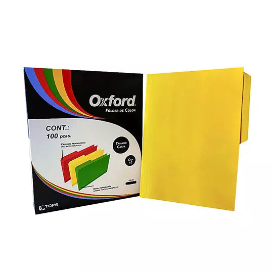 Folder de color Oxford carta color amari llo ceja 1/2 caja con 100 pzas