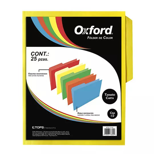 Folder de color Oxford carta color amari llo ceja 1/2 caja con 25 pzas