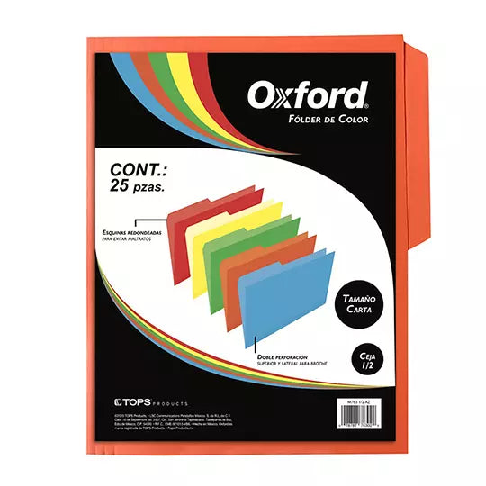 Folder de color Oxford carta color naran ja ceja 1/2 caja con 25 pzas