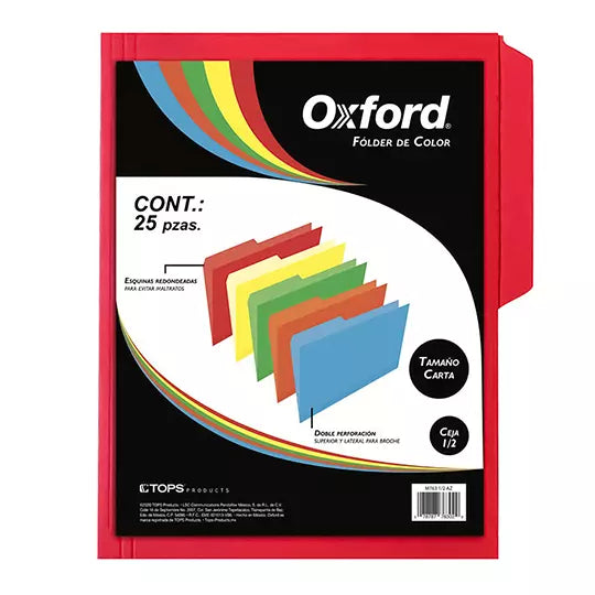Folder de color Oxford carta color rojo ceja 1/2 caja con 25 pzas