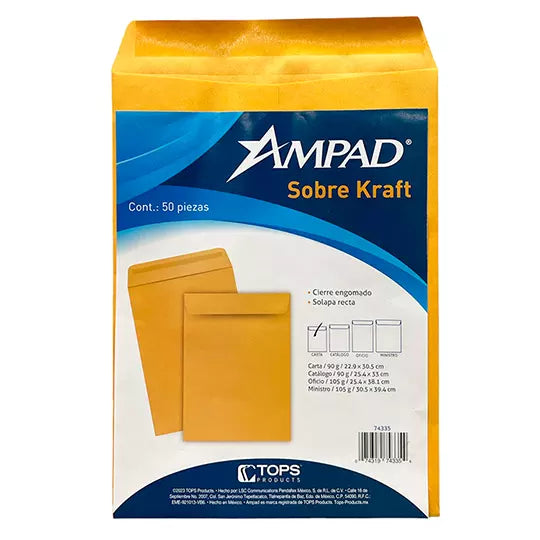 Sobre kraft engomado Ampad carta empaque con 50 pzas