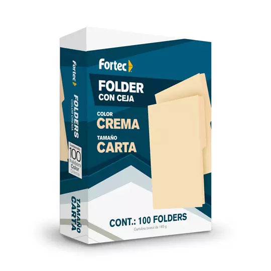 Folder manila económico Fortec carta col or crema ceja 1/2 caja con 100 pzas