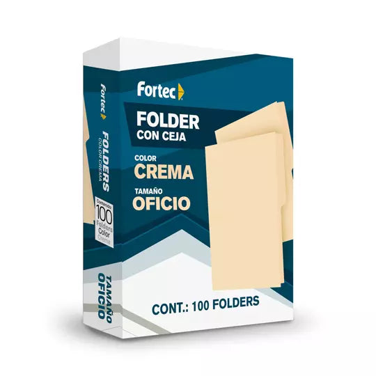 Folder manila económico Fortec oficio co lor crema ceja 1/2 caja con 100 pzas