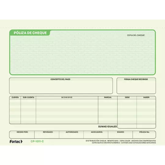 Póliza de cheque con carbón Fortec 1/2 o ficio block con 25 juegos