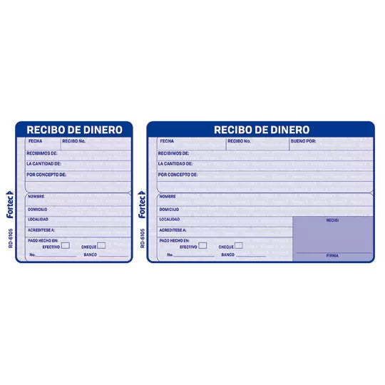 Recibo de dinero Fortec 1/3 carta 2 bloc ks con 50 hojas cada uno