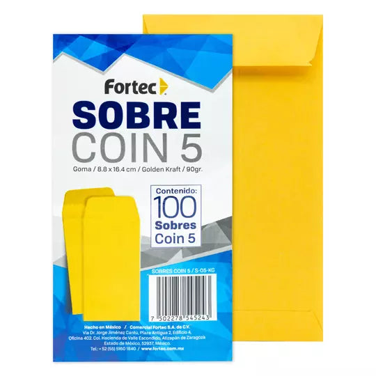 Sobre coin No. 5 Fortec Kraft engomado c aja con 100 piezas