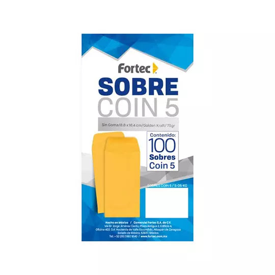 Sobre coin No. 5 Fortec Kraft económico sin goma caja con 100 piezas