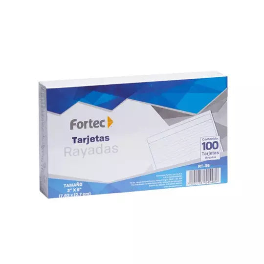 Tarjeta índice Fortec rayada 7.62 x 12.7 cm paquete con 100 pzas