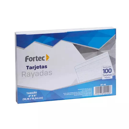 Tarjeta índice Fortec rayada 10.16 x 15. 24 cm paquete con 100 pzas