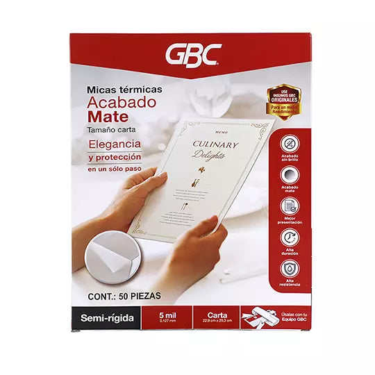 Mica térmica GBC 5 milésimas tamaño car ta mate 50 piezas
