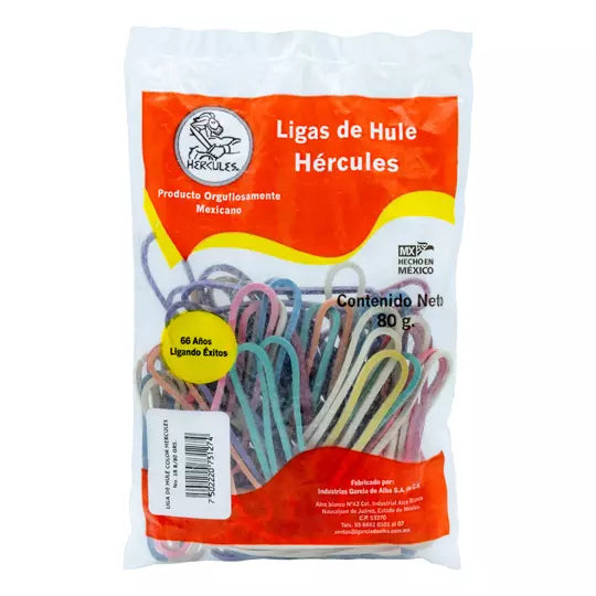 Ligas Hercules de hule no. 18 colores su rtidos. bolsa con 80 gramos