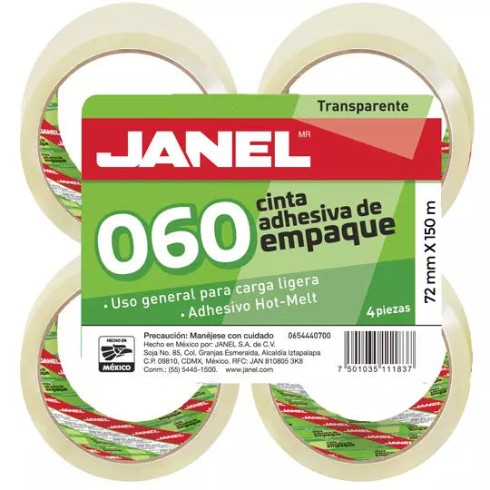 Cinta de empaque línea 060 hot Melt tra nsparente JANEL 72mmx150m 4 piezas