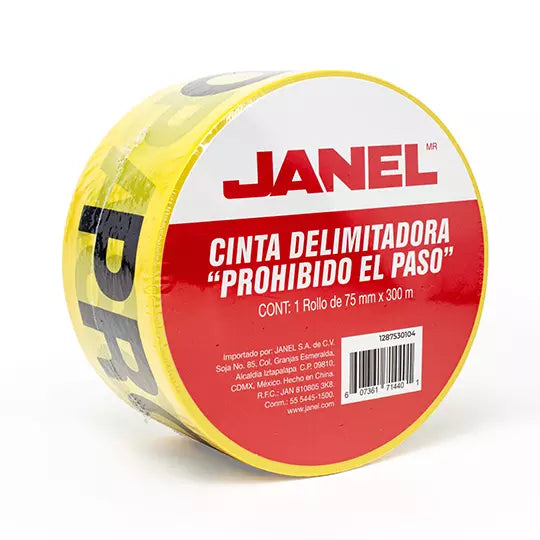 Cinta de señalizacion Janel 75mm x 300m, color amarillo PROHIBIDO EL PASO, 1 pz